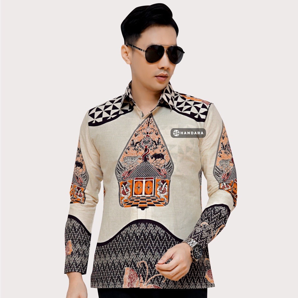 Baju Kemeja Batik Pria Lengan Panjang Slim Fit Premium Modern Full Furing Katun Halus Original Handara Motif Gunungan Sindoro Putih Krem HB-102