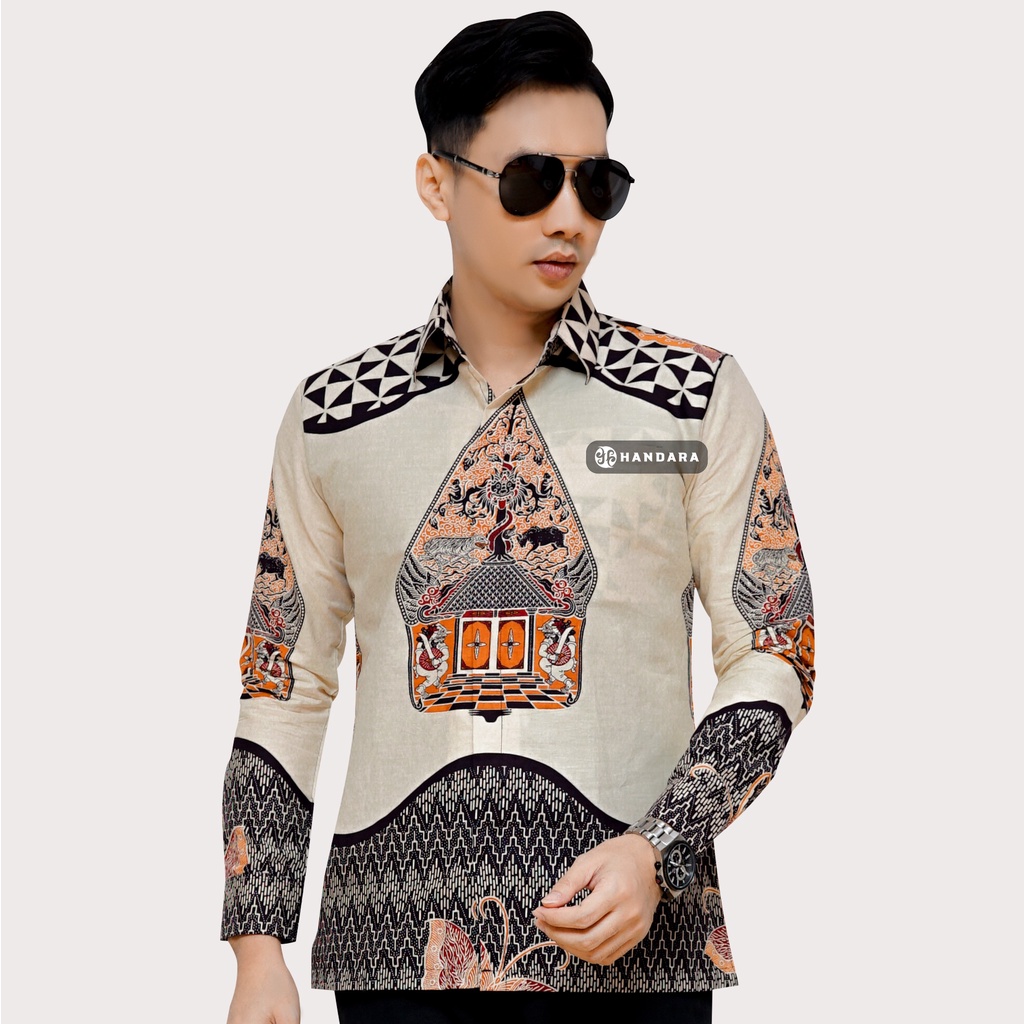 Baju Kemeja Batik Pria Lengan Panjang Slim Fit Premium Modern Full Furing Katun Halus Original Handara Motif Gunungan Sindoro Putih Krem HB-102