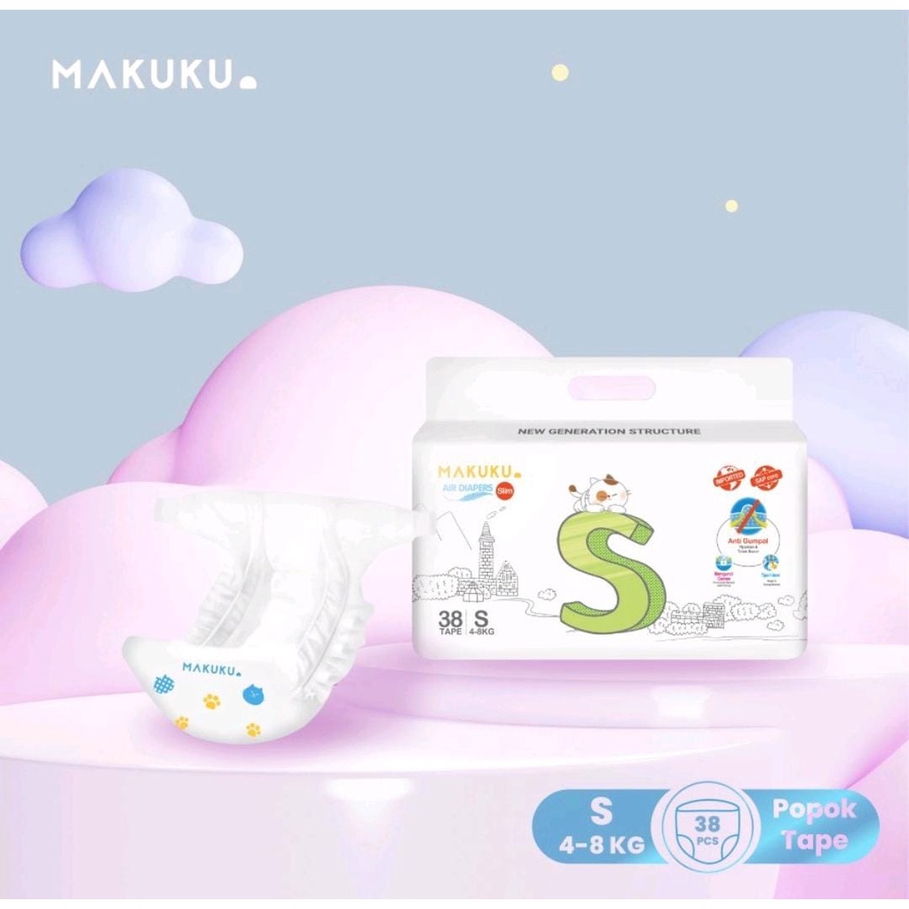 POPOK BAYI MAKUKU AIR DIAPERS SLIM TAPE SIZE S ISI 38