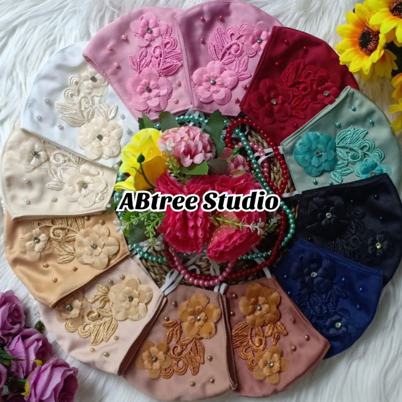 masker cantik 3PLY/Lapis, mix bunga3D &amp; Mutiara Utk akad nikah ijab pesta wedding pernikahan