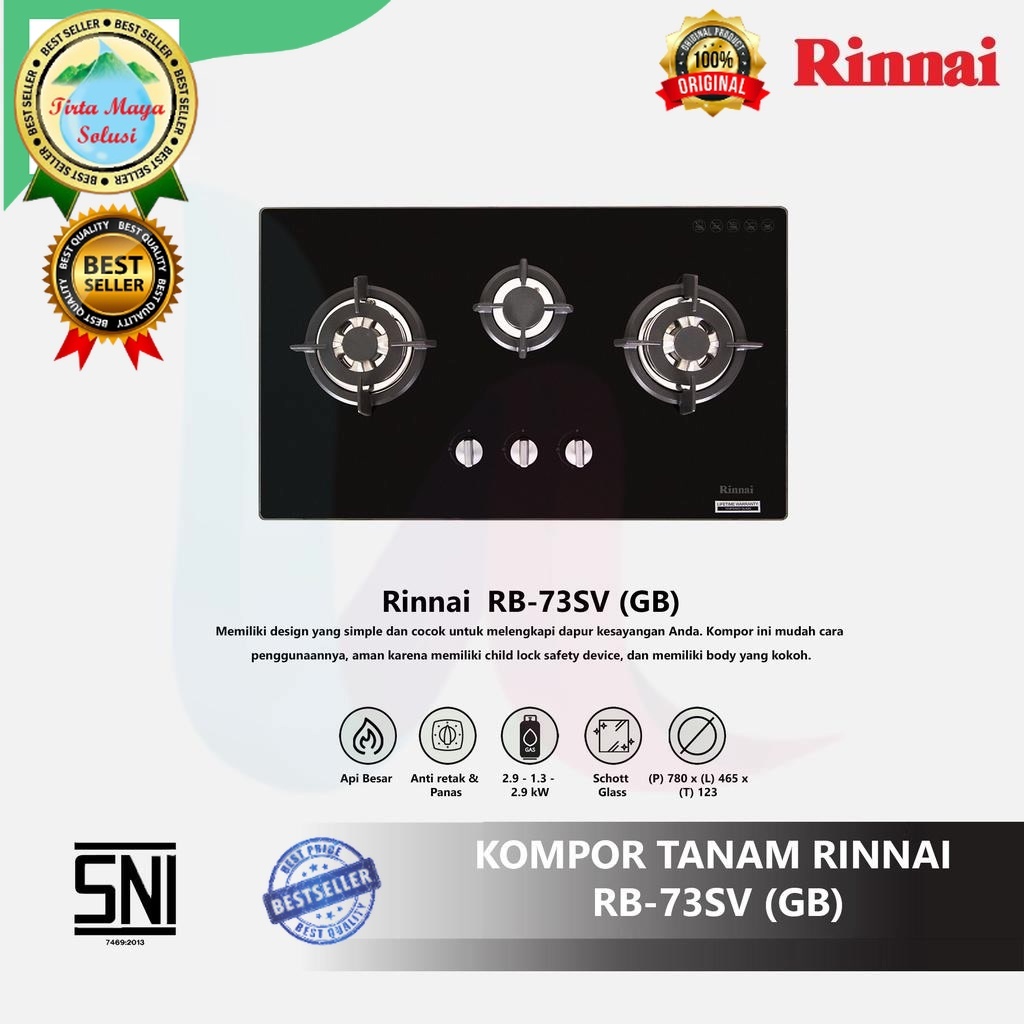 Kompor tanam 3 Tungku Rinnai RB 73SV GB (Schott Glass) Rinai  Gas