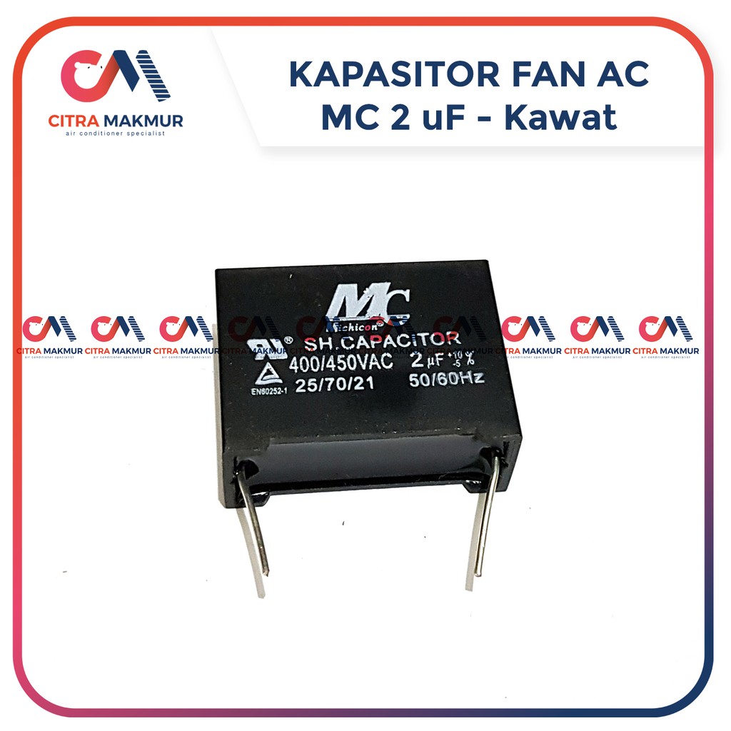 Kapasitor Fan AC 2 uf merk MC Kawat Solder PCB Capasitor kotak Kipas Indoor Mesin Air conditioner