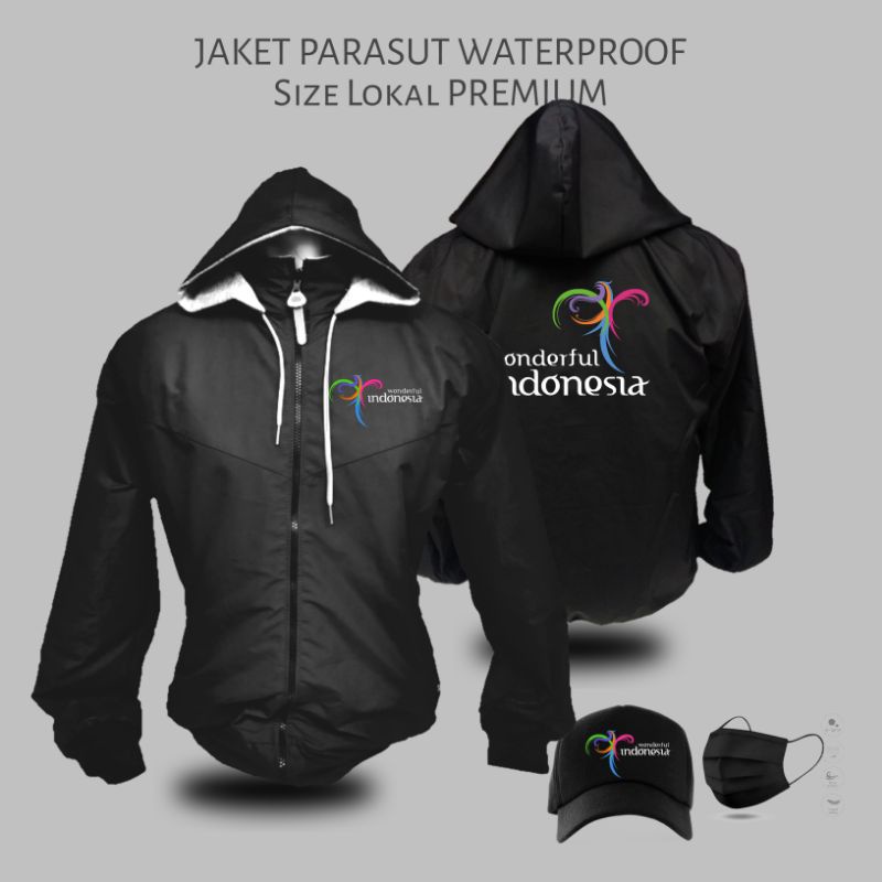 Jaket parasut wonderful Indonesia - free topi WATERPROOF