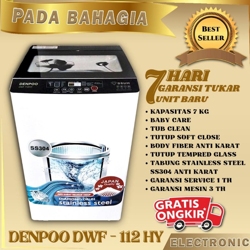 Mesin Cuci 1 Tabung DENPOO DWF 112 HY TEMPRED GLASS