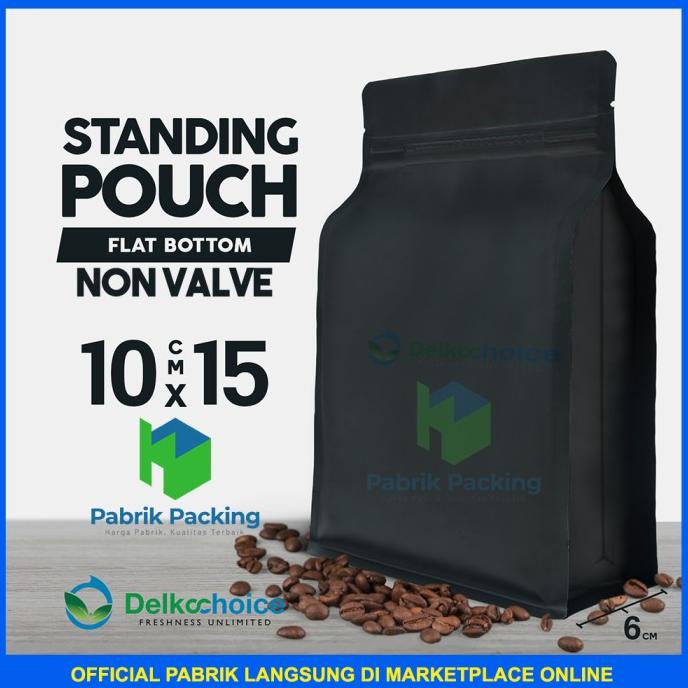 STANDING POUCH KEMASAN FLAT BOTTOM HITAM PREMIUM TERMURAH 10CM x 15CM