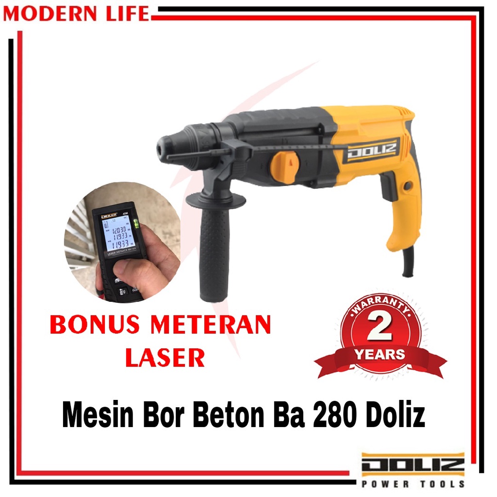 Mesin Bor Beton 26mm DOLIZ BA280 Rotary Hammer 3 Mode + Free Meteran Laser