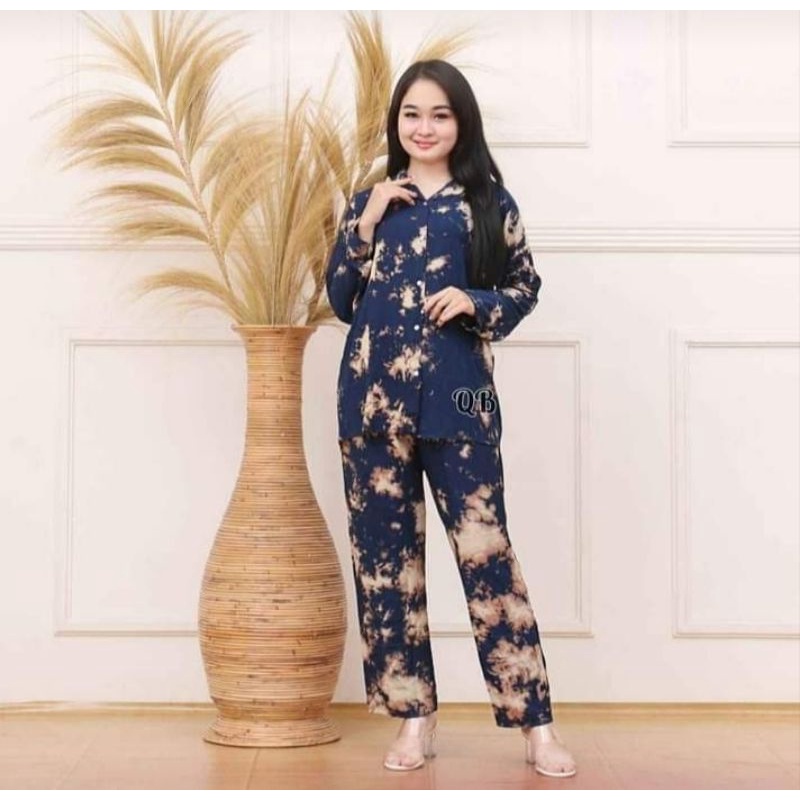 One Set Daily Pajamas Rayon Celup Tie die Stelan Wanita-Navi