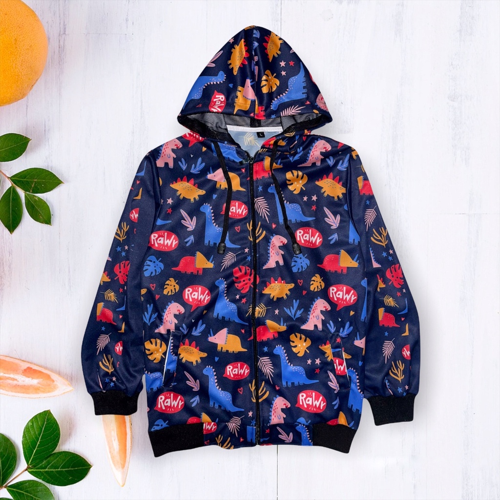 Jaket anak printing bahan lotto elpana Unisex-Navy Dinosaur