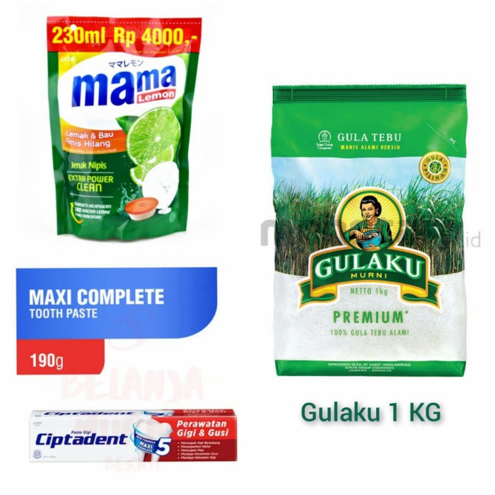 

paket hemat gulaku 1000gr + Mama lemon 230ml + ciptadent 190gr