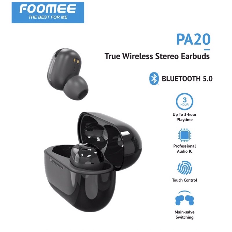 FOOMEE PA20 TRUE WIRELESS STEREO EARBUDS BLUETOOTH VERSION 5.0 ORIGINAL GARANSI RESMI
