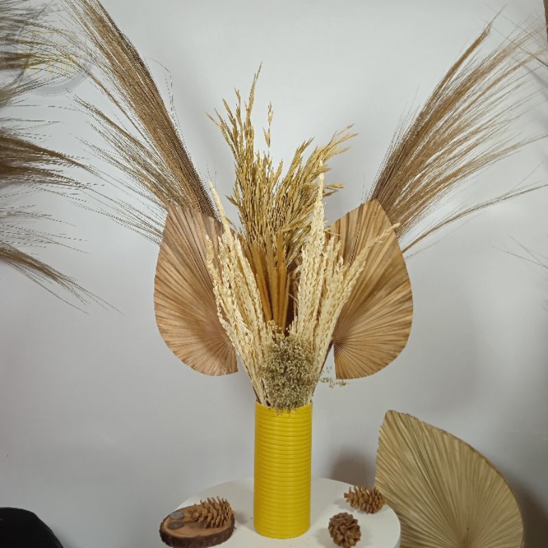 Paket Bunga Kering Dan Vas | Paket Daun Palem Dan Vas | Paket Hemat Bunga Dan Vas | Bunga Kering Rus