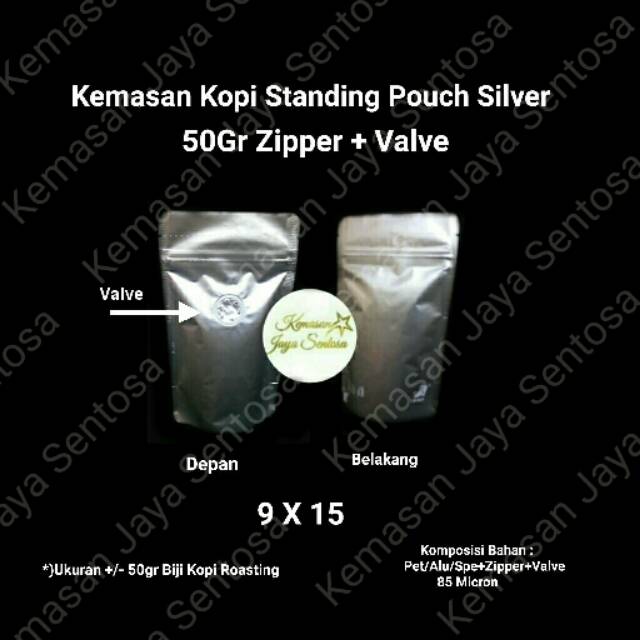 Kemasan Kopi Standing Pouch 50 Zipper + Valve. (Isi 100 pcs ) kemasan Kopi. Standing Pouch.