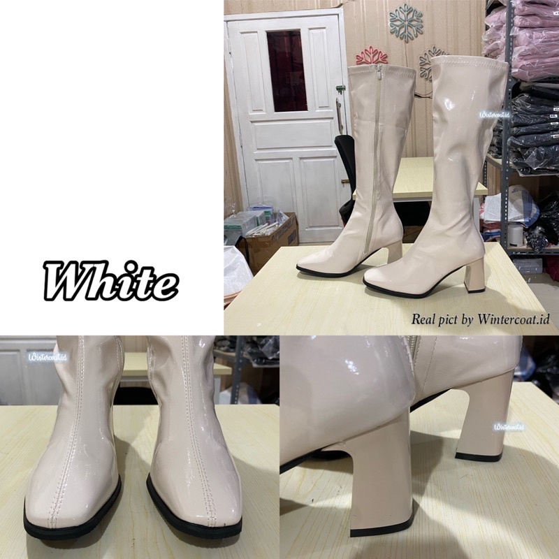 High knee boots import wanita glossy jessica sepatu overknee high knee boot cewek korea fashionable heels