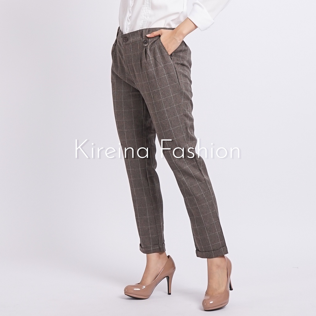 Celana Kotak Wanita Celana Kerja Wanita Baggy Pants Celana Tartan Bahan gabardin | Kireina Fashion