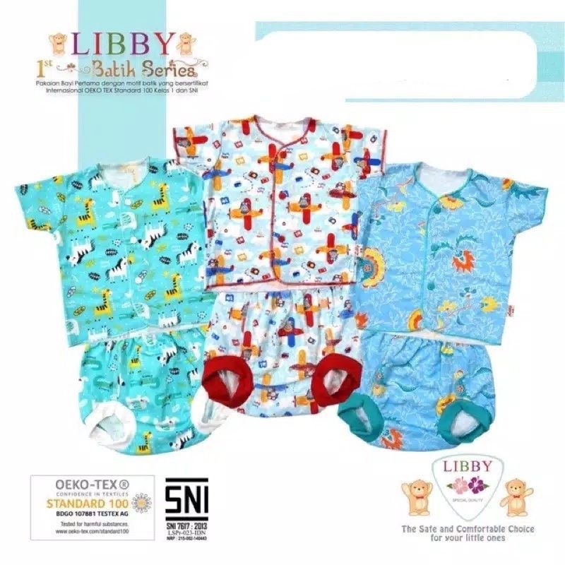 LIBBY Setelan Bayi Lengan Pendek Kancing Depan Uk. 0-3, 3-6, S, M, L