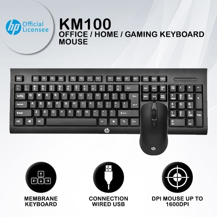 Keyboard Mouse Combo HP KM100 - Membrane Keyboard &amp; 1600DPI Mouse USB