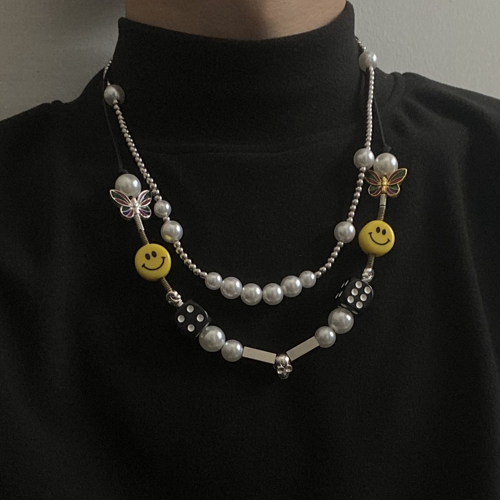 Kalung Rantai Dengan Liontin Tengkorak + Kupu-Kupu Gaya Hip Hop Retro Untuk Wanita