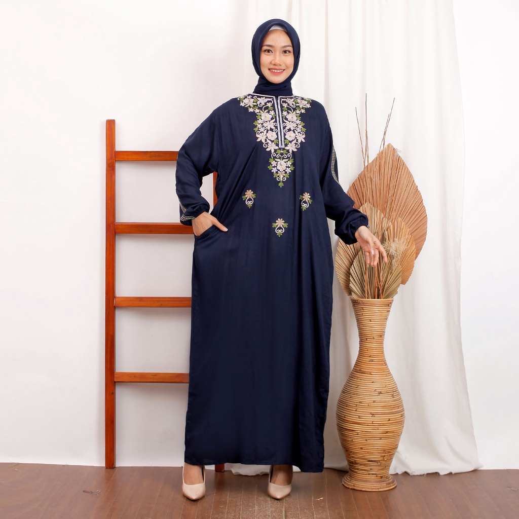 Daster Gamis Bordir Melisa Lengan Panjang Kekinian Saku Katun Rayon Premium Sleting Depan Busui