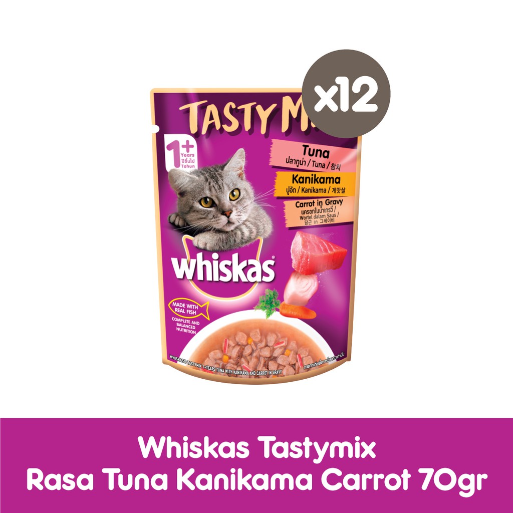 WHISKAS® Tasty Mix Makanan Kucing Basah Pouch 70gr - Isi 12-Tuna Kanikama Carrot