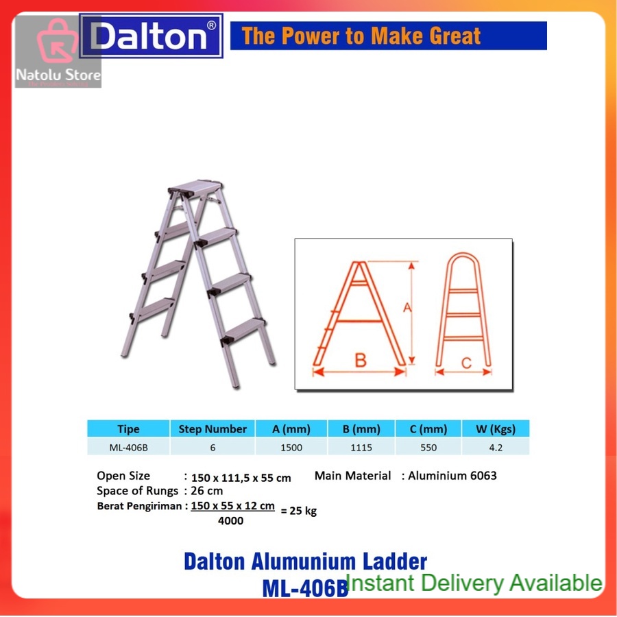 Tangga Lipat 5 Step DALTON ML-406B Aluminium Step Ladder 2x6 Steps 1M

