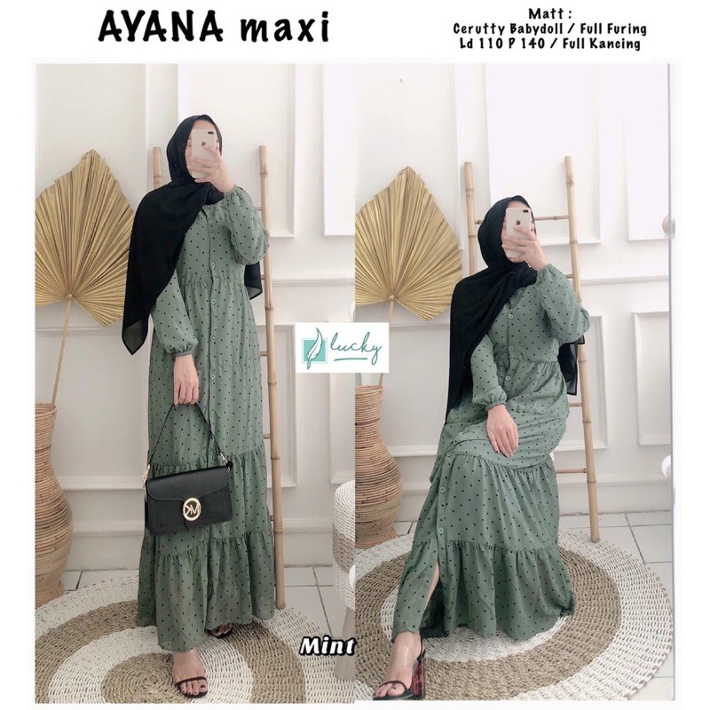 Baju Dress Ceruty Full Furing Polkadot Full Kancing Ayana Maxi Original by Lucky Shop