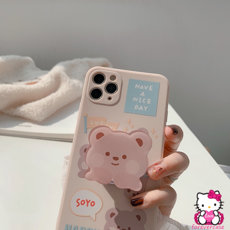 Cute Cartoon Case Oppo A15 Kawaii A54 A95 A35 Reno 5F A12 A16 Bear Popsocket A74 Reno 5 A15S Ins Hot A5S Reno 4 A92 A52 Reno 4F A9 A5 2020 A3S A53 2020 Soft Tpu Milk Tea Cover with Stand Holder Bracket