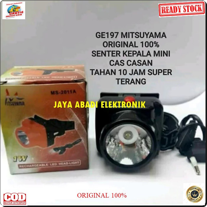 G197 Mitsuyama original headlamp senter kepala pala lampu led lamp cas casan baterai putih sinar cahaya terang charge G197  TAHAN MAXSIMAL 10 JAM  Tersedia warna lampu: - Putih  Senter Kepala Mitsuyama dengan cahaya sangat terang, baterai internal lithium