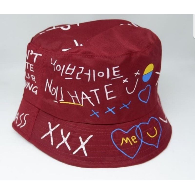 TERMURAH TOPI BUCKET HAT KOREA LAKI CEWE SABLON BADAS BOLAK BALIK PANTAI FISHERMAN-BADAS MARUN