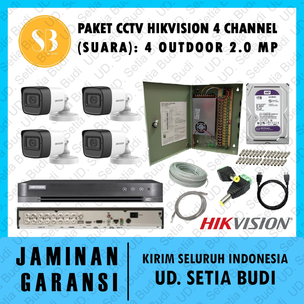 Paket FULL CCTV Hikvision 4 Channel (Suara): 4 Outdoor 2.0 MP