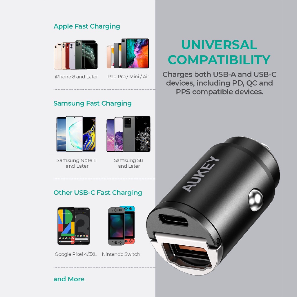 Charger Mobil Aukey CC-A3 2 Port USB-C &amp; USB A With PD &amp; QC - 500787