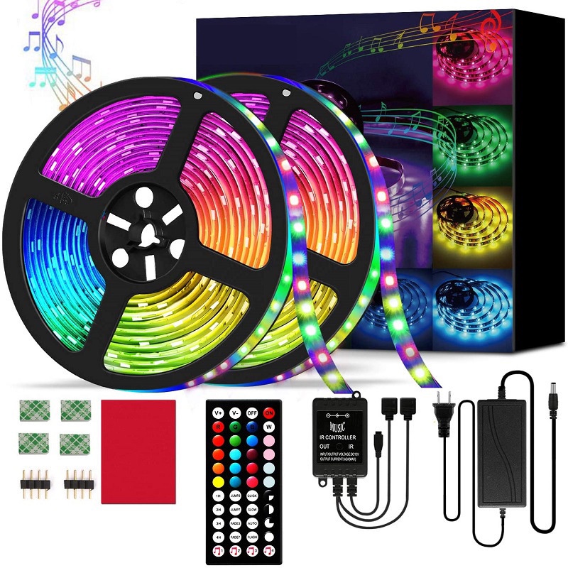 strip lampu 5050RGB 15 meter Papan telanjang + musik 44IR + catu daya/sensor music/Pencahayaan Pesta/Rumah