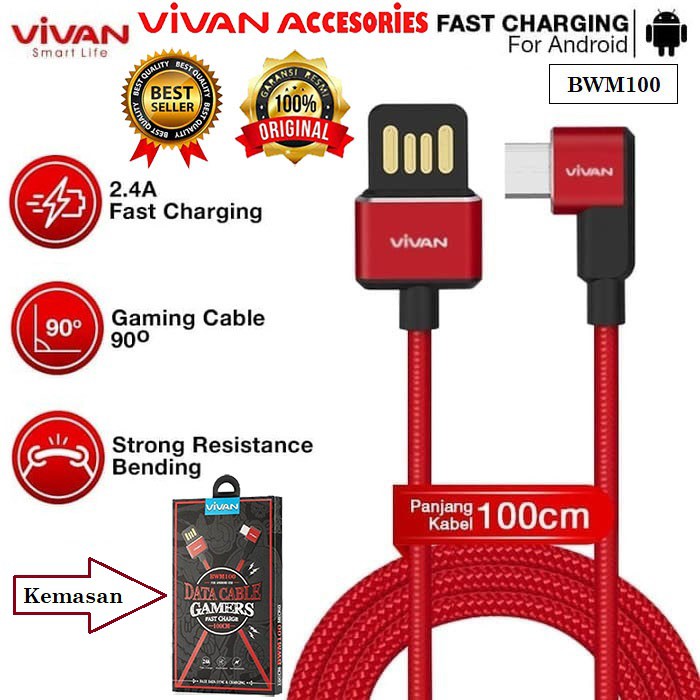 Vivan BWM100 2.4A 1M Micro USB 90° Data Cable Design for Android Red