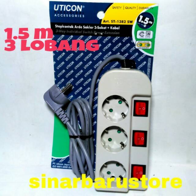 STOP KONTAK 3 LUBANG 3 SAKLAR + 1,5M KABEL UTICON