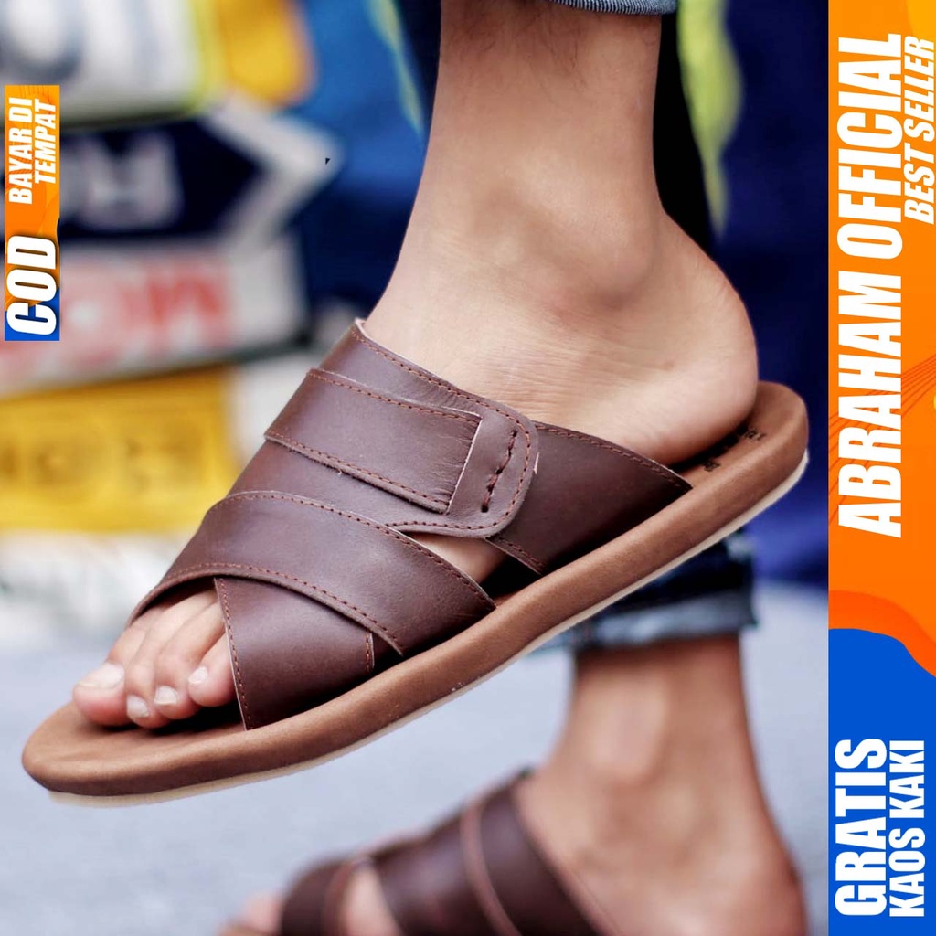 ABRHM X EXO Sandal Slide Pria Kulit Asli Sandal Slop Pria Keren Sandal Selop Cowok Cowo Kekinian Ori