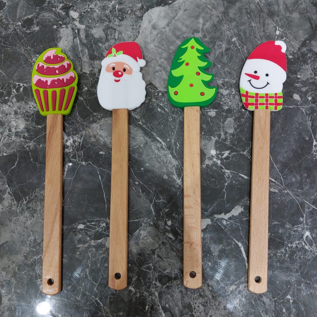 Spatula Motif Christmas Wood Handle Spatula Silikon Natal Xmas