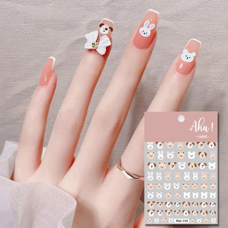1 Lembar Stiker Kuku Motif Kartun Beruang / Kelinci Transfer Air Untuk Dekorasi Nail Art / Manicure DIY