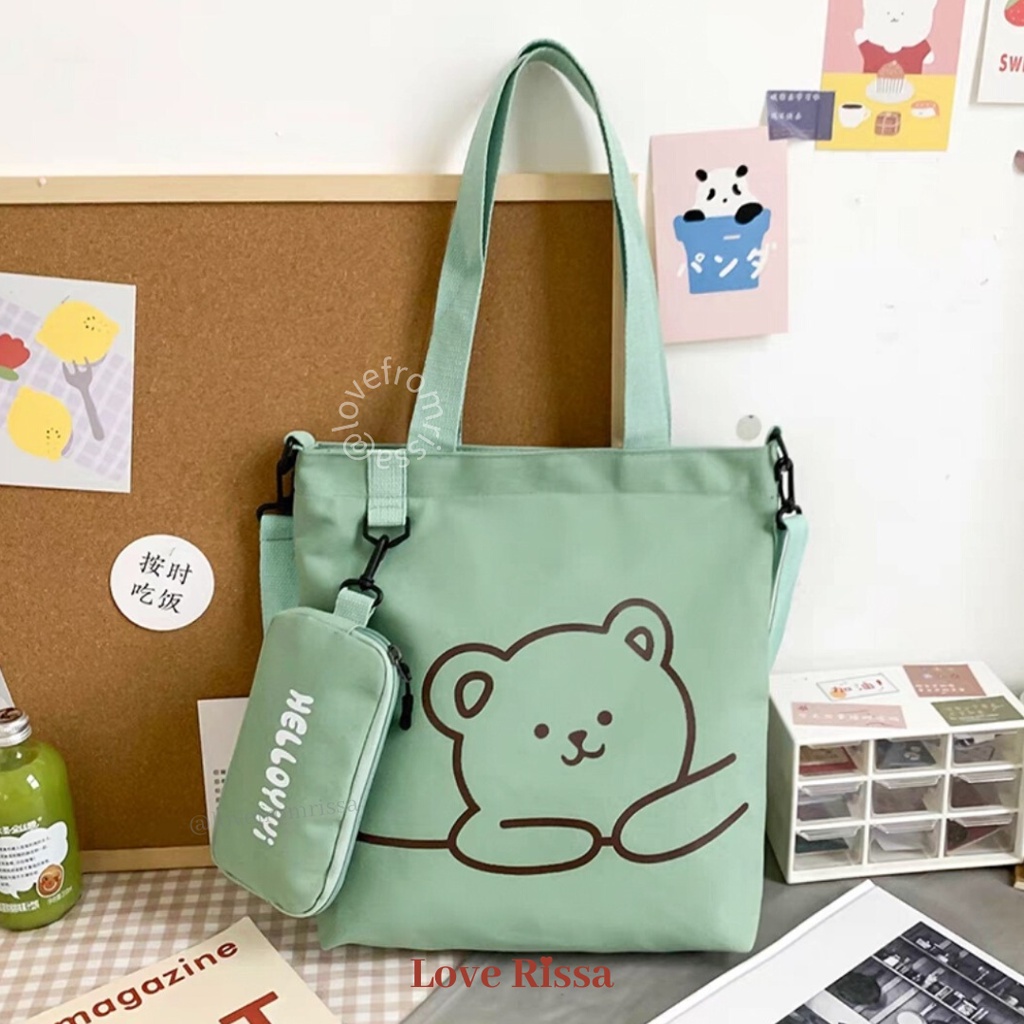 Tas Teddy Tas Japanese Style Tas Selempang Tote Bag 2 in 1 Solid Color Love Rissa