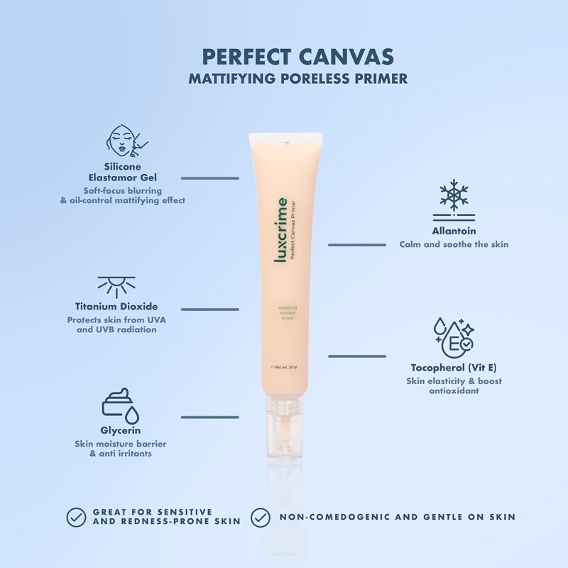 LUXCRIME Perfect Canvas 30gr BPOM - Mattifying Poreless Primer / Hydro Blur Finish Primer