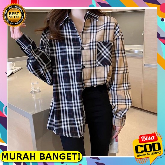 Atasan Wanita Jumbo Hem Kotak Garis Cewek Putih Rayon U3S5 Lengan Panj Flanel Kombinasi / Faaiz Comb
