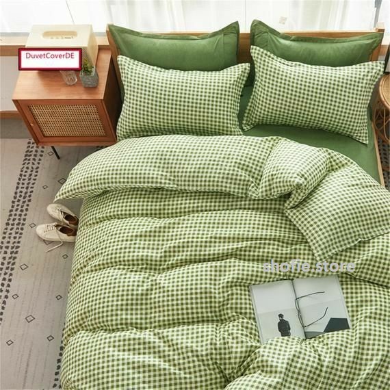 Sprei Motif kotak hijau sage sprei set katun halus ala korea jepang