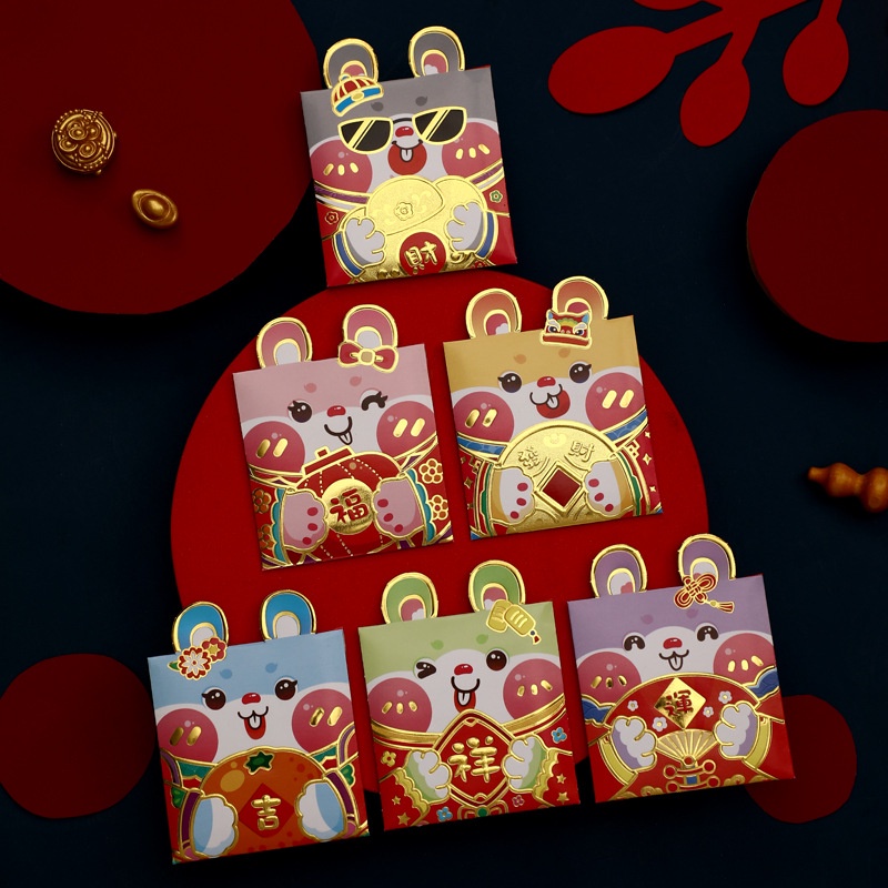 6pcs / set Amplop Angpao Motif Kartun Kelinci Warna Merah Untuk Tahun Baru Cina 2023