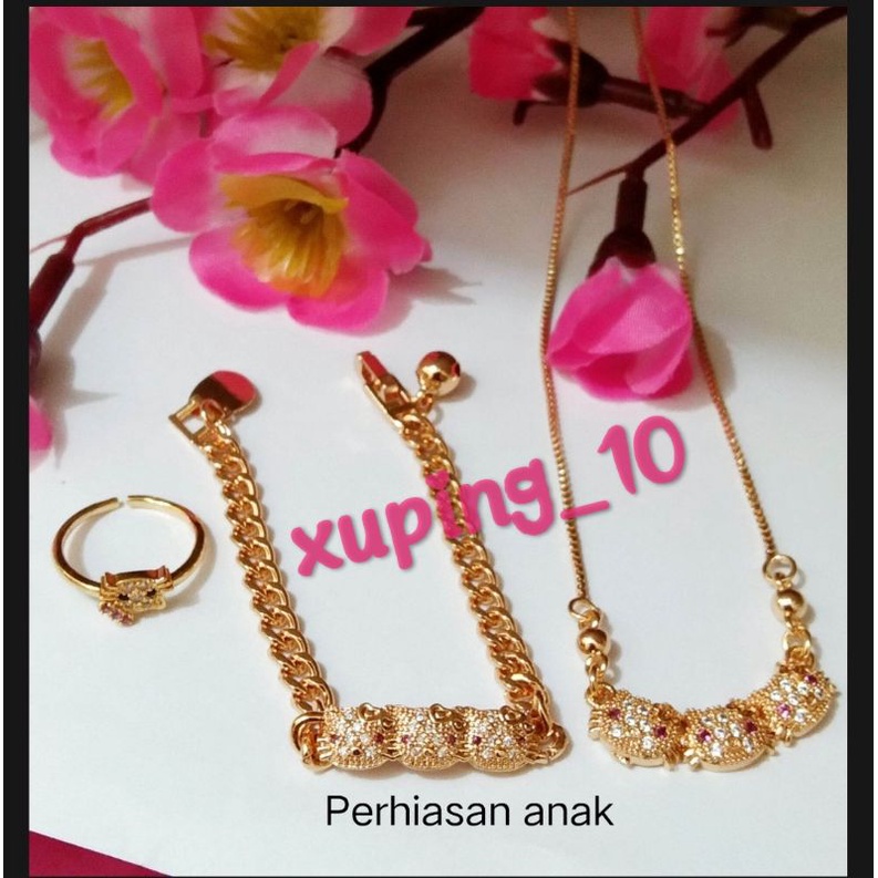 Satu Set Perhiasan Anak Gelang,Kalung Dan Cincin Hello kitty Berlapis Emas Xuping Terbaru