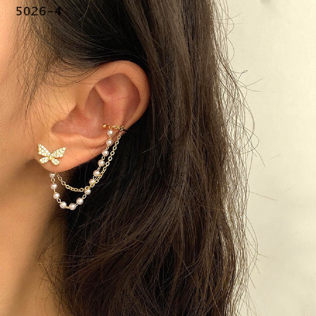 5026-4 Korean Elegant Rhinestone Butterfly Stud Earring With Metal Chain For Women Girl 5026-4