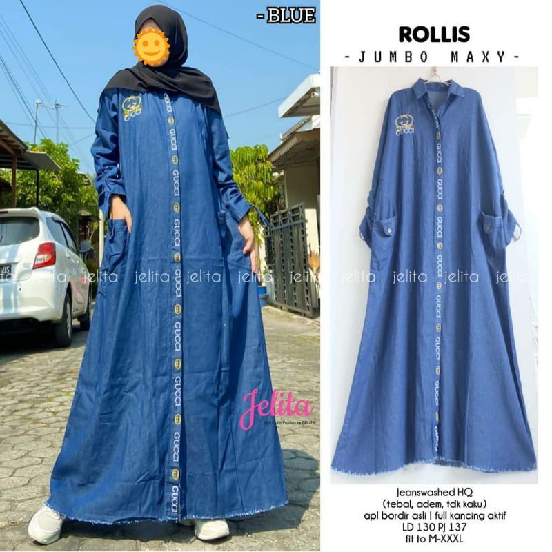 Gamis Super Jumbo Ld 130 Big Size Dress Jeans Rawis Busui Full Kancing Lengan Serut Saku Samping