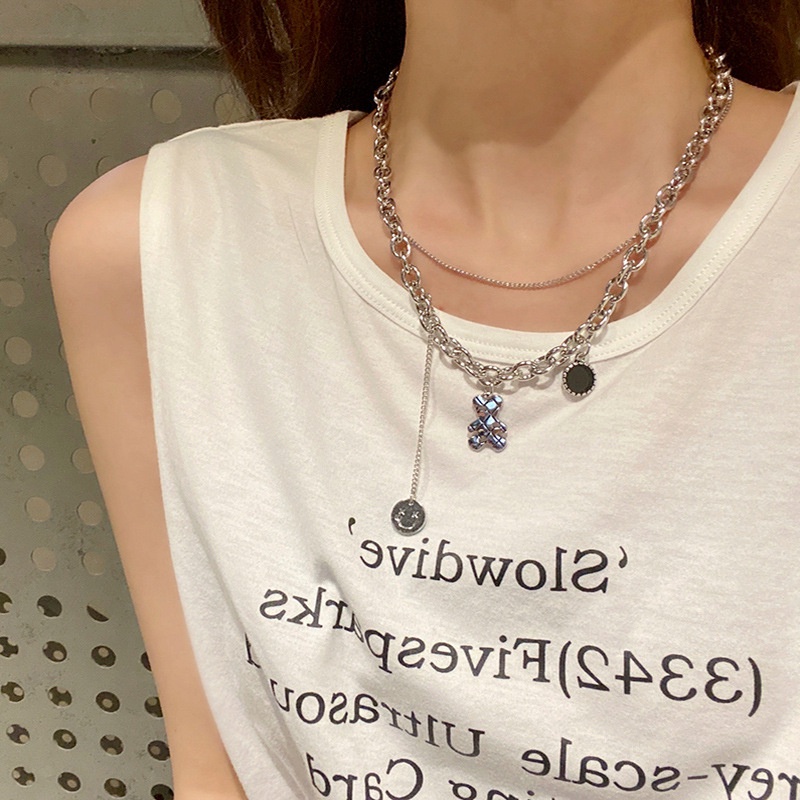 Double-layer bear Smiley kalung kuchao Street niche kepribadian kalung dingin gaya retro kalung wani