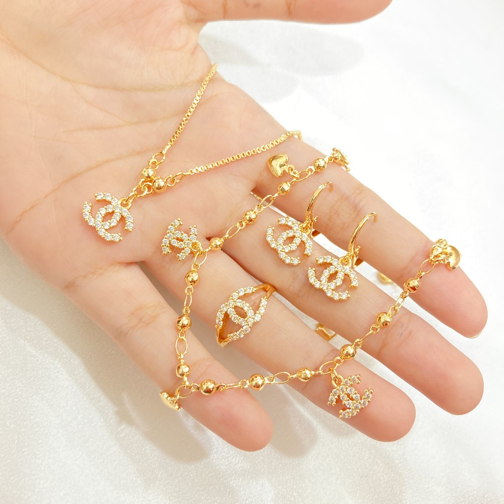 Set Perhiasan Kalung Anting Gelang Cincin Lapis Emas Permata Zircon