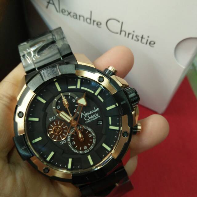 Jam Tangan Analog Pria Cronograf Alexandre Christie Ac 6551 MC All Stainless Steel Black Rosegold
