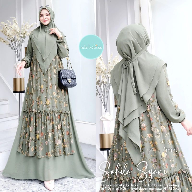 SAHILA SYARI ORI BY EDELWEISS / BAHAN CERUTY BABYDOLL / SETELAN GAMIS DAN KHIMAR / POLOS MIX MOTIF B