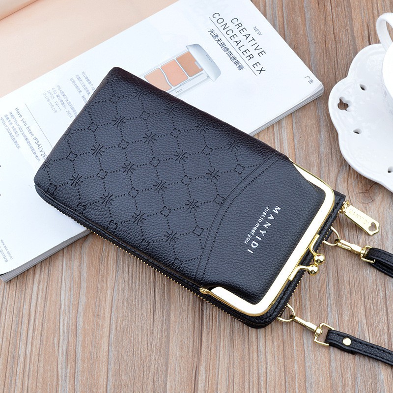 DOMPET HP SELEMPANG WANITA IMPORT KEKINIAN KULIT HITAM EASTON WA256B5 TALI PANJANG SLING BATAM KOREA