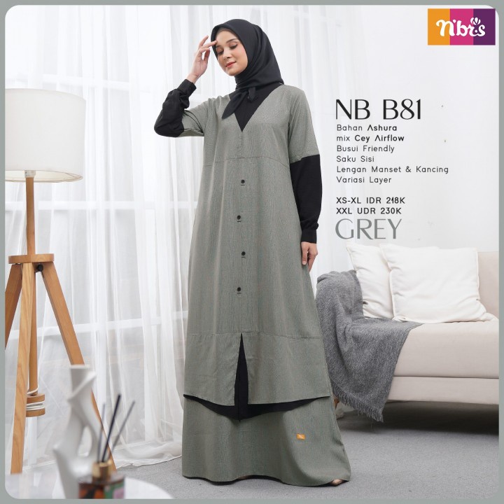 Gamis NIBRAS NB B81 / Dress Wanita Muslim Terbaru 2022 / Warna BURGUNDY - BLUE - GREY